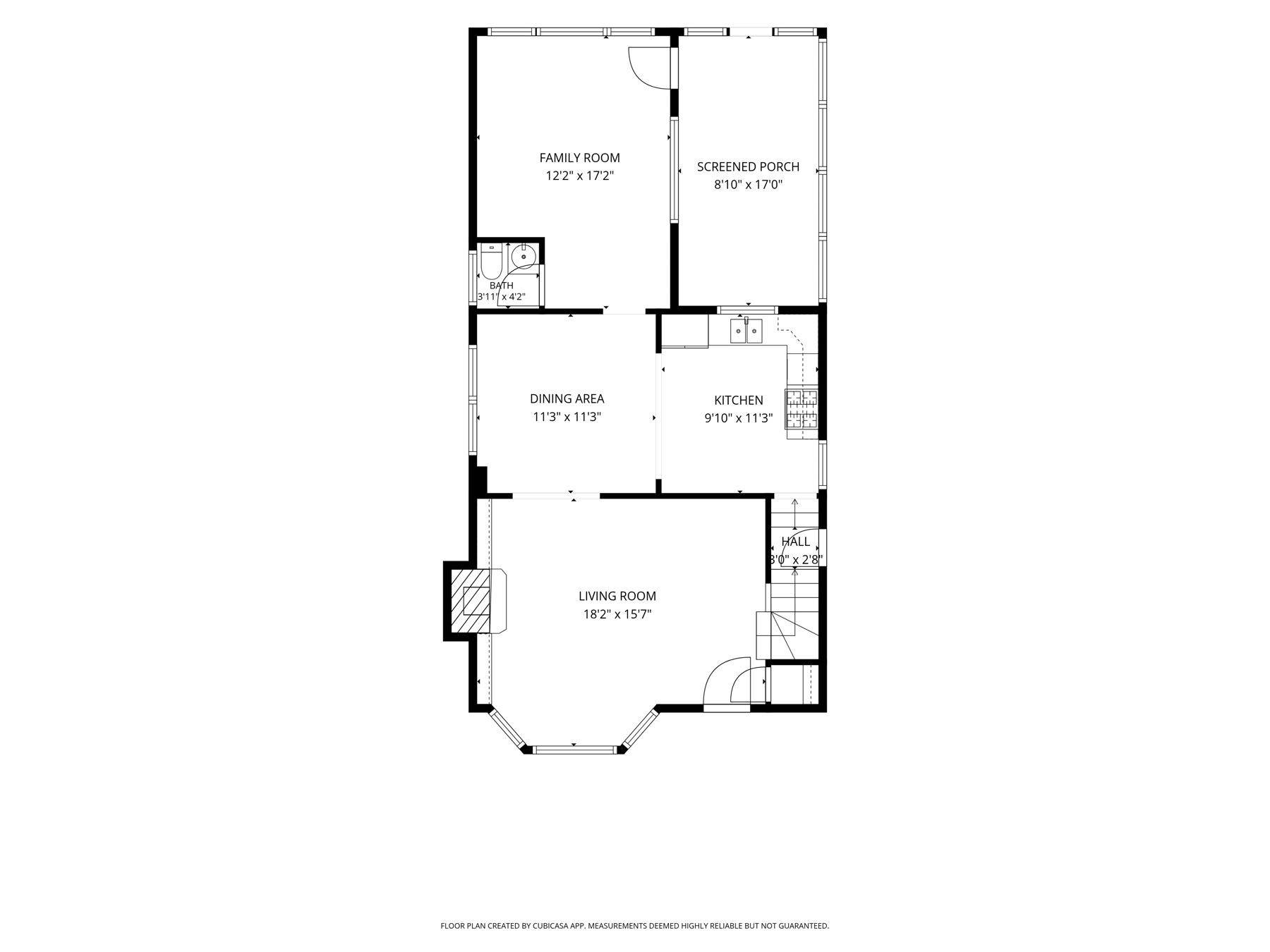 Main level floor plan of 9205 S Utica Ave: living room 18'2 x 15'7, dining area, kitchen, family room, half bath, and screened porch