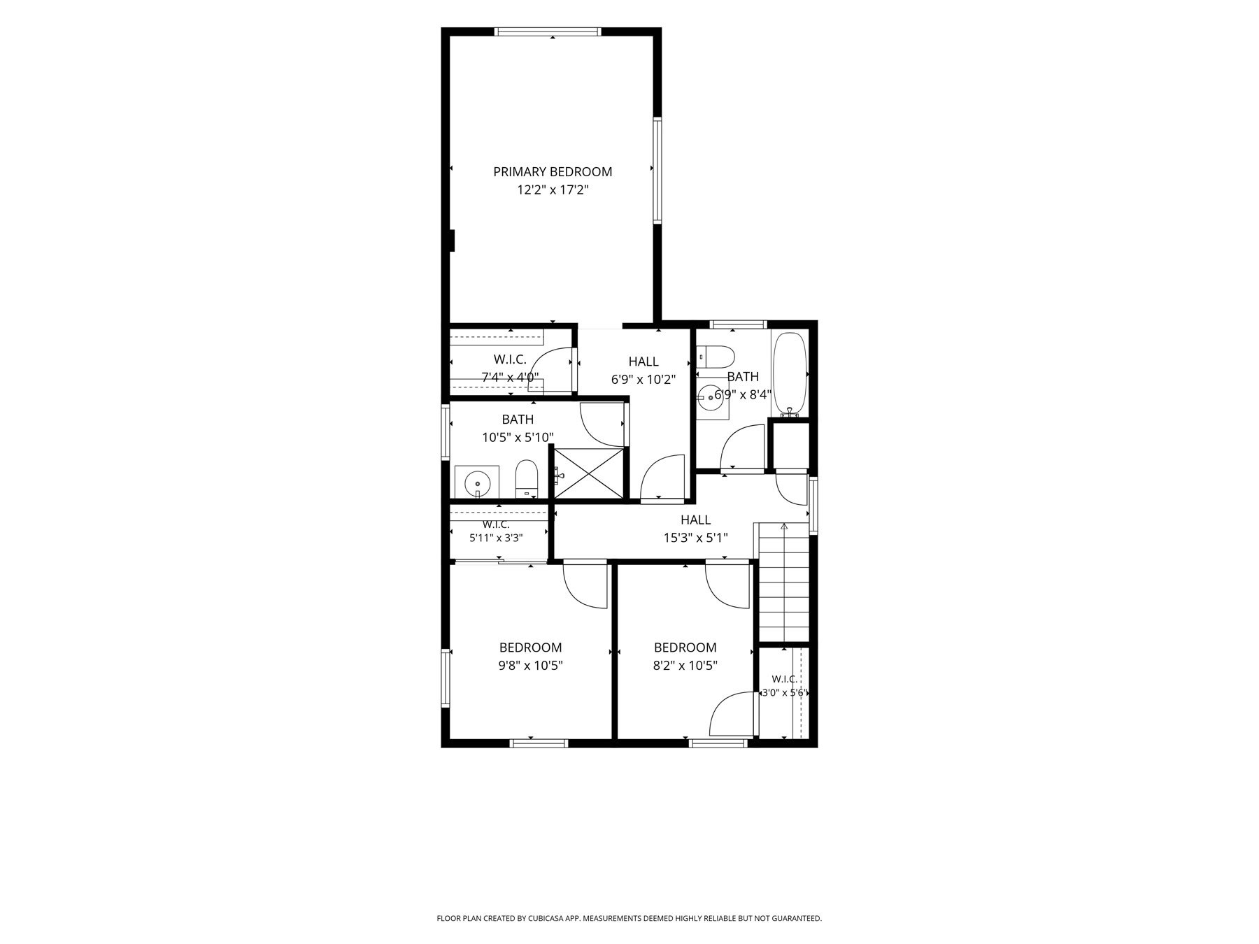 Second level floor plan of 9205 S Utica Ave: primary bedroom 17'2 x 12'2 with walk-in closet, two additional bedrooms, and two full baths