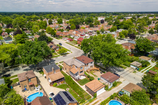High aerial of 9205 S Utica Ave rear addition and Evergreen Park neighborhood